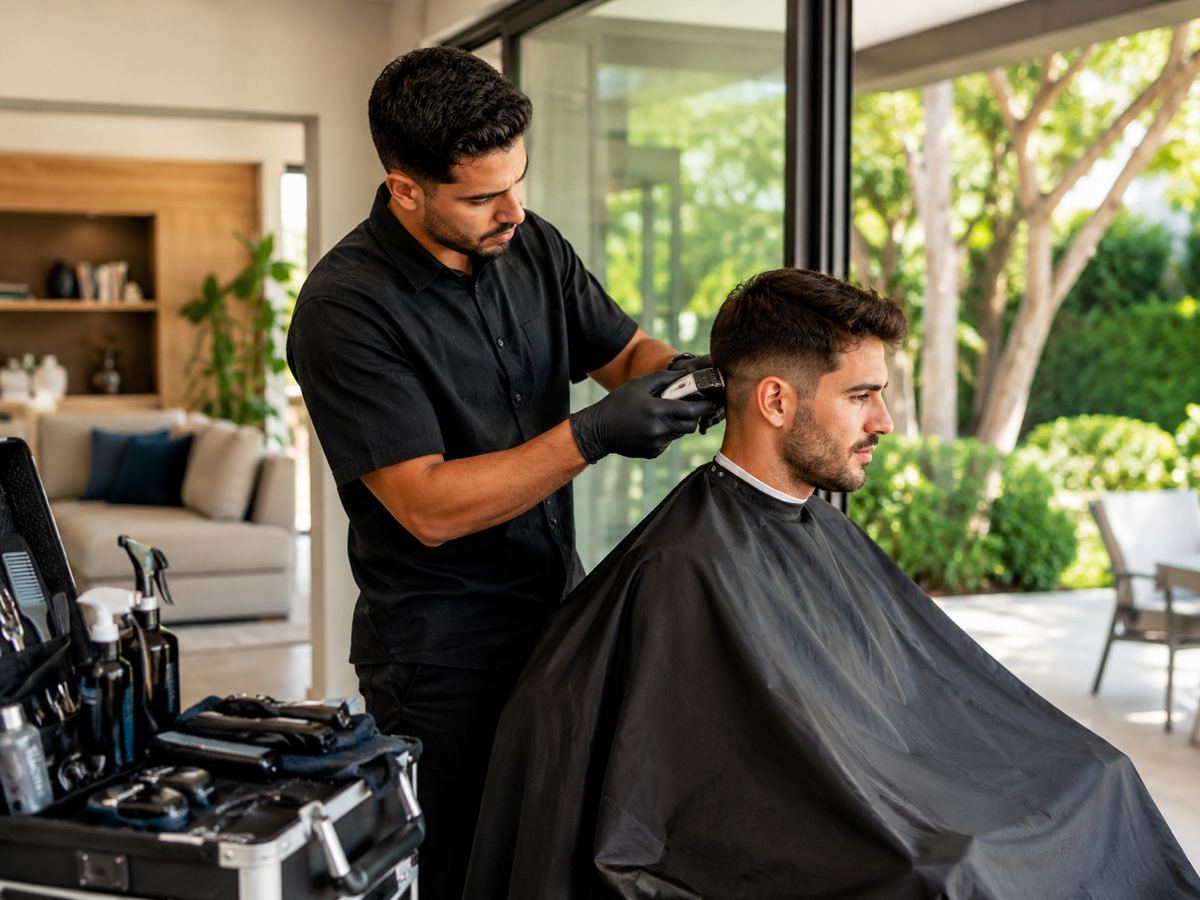Mobile barber giving a man a fade haircut at home